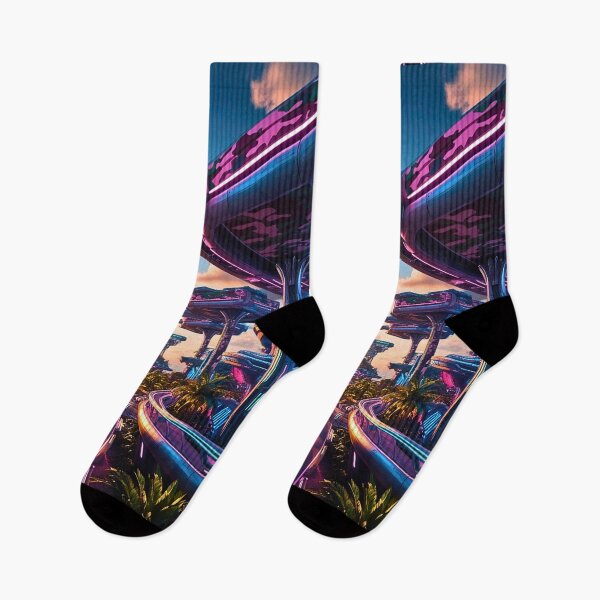 Item preview, Cyberpunk Tropical City Elevated Roadways Neon Sunset designed and sold by CamouflageLab.