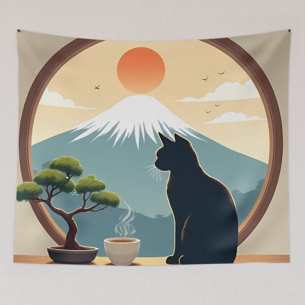 Item preview, A Peaceful Moment of a Black Cat and Mount Fuji designed and sold by Japanese-Ideas.