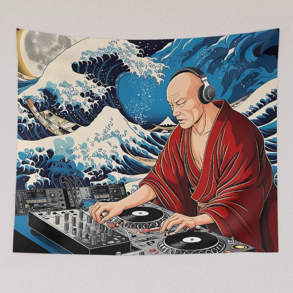 Item preview, A Monk DJ with The Great Wave off Kanagawa Under The Moon designed and sold by Japanese-Ideas.