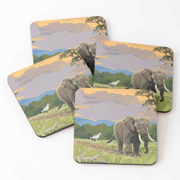 Item preview, Elephants and Secretarybird in the savanna designed and sold by qu-lan.
