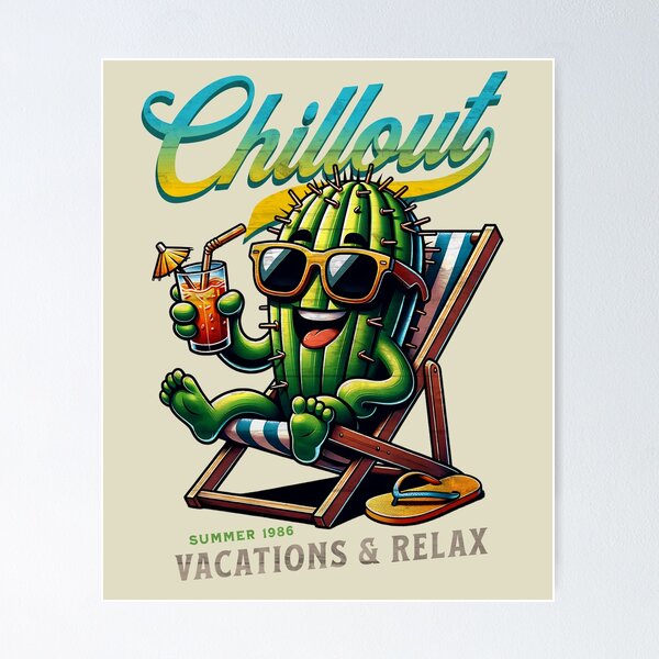 Item preview, Chillout Cactus on Beach Chair – Relaxing Succulent Summer Vacation 1986 designed and sold by DAMOTAmagazine.