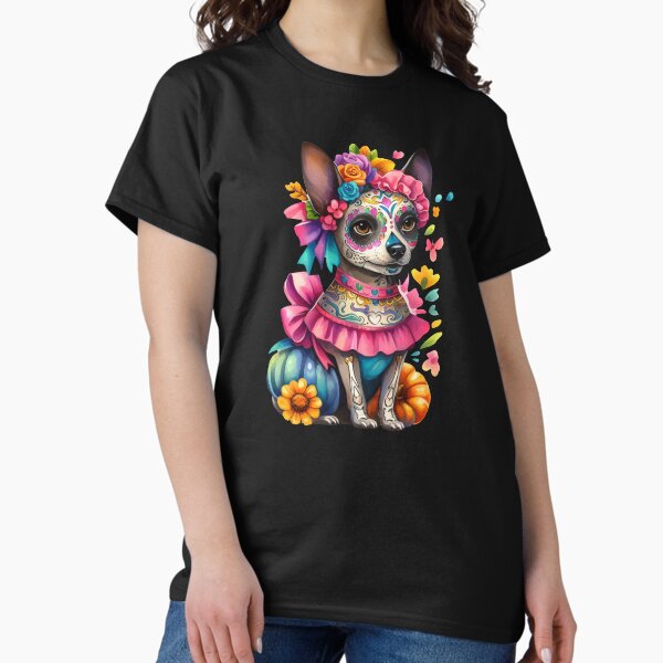 Vista previa del artículo con la obra «Un perro Xoloitzcuintli juguetón y expresivo con un disfraz festivo del Día de Muertos, rodeado de colores alegres y motivos populares.», diseñado y vendido por All-Of-Art.