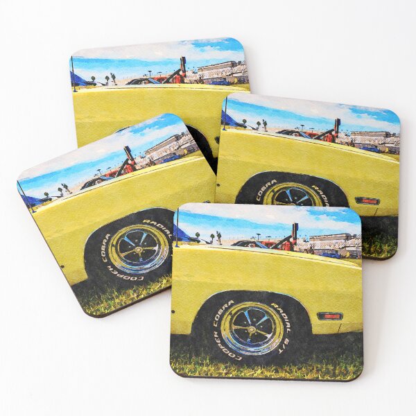 Item preview, Yellow classic car displayed at an outdoor motor show in a watercolor style designed and sold by GestaltImagery.