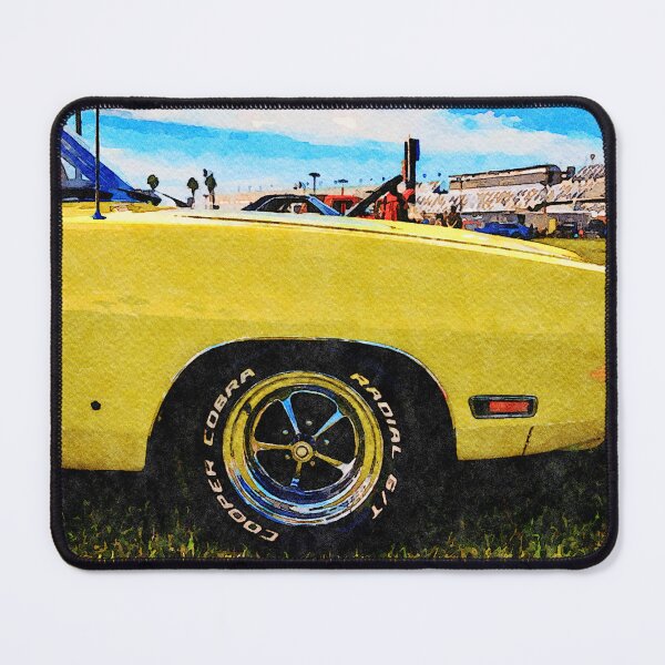 Item preview, Yellow classic car displayed at an outdoor motor show in a watercolor style designed and sold by GestaltImagery.