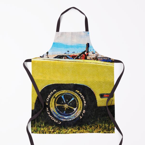 Item preview, Yellow classic car displayed at an outdoor motor show in a watercolor style designed and sold by GestaltImagery.