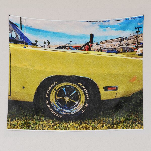 Item preview, Yellow classic car displayed at an outdoor motor show in a watercolor style designed and sold by GestaltImagery.