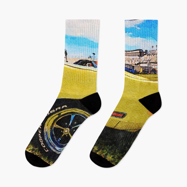 Item preview, Yellow classic car displayed at an outdoor motor show in a watercolor style designed and sold by GestaltImagery.