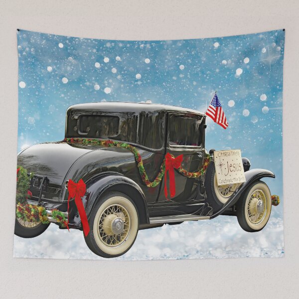 Item preview, A Merry Christmas greeting on a Roadster retro truck with an American flag designed and sold by Alaskandreamer.