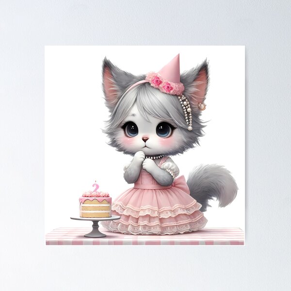 Item preview, Cute Gray Kitty in a Pink Frilly Dress – Whimsical Animal Art designed and sold by dearjunie.