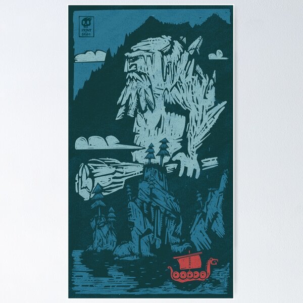 Item preview, Ancient Mountain Giant Linocut Print – Mythical Viking Artwork designed and sold by Print_gasm.