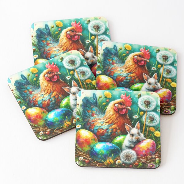 Item preview, Easter nest with a beautiful chicken a vute little bunny and iridescent easter eggs and dandelions around watercolour art designed and sold by EmeraldeaArt.