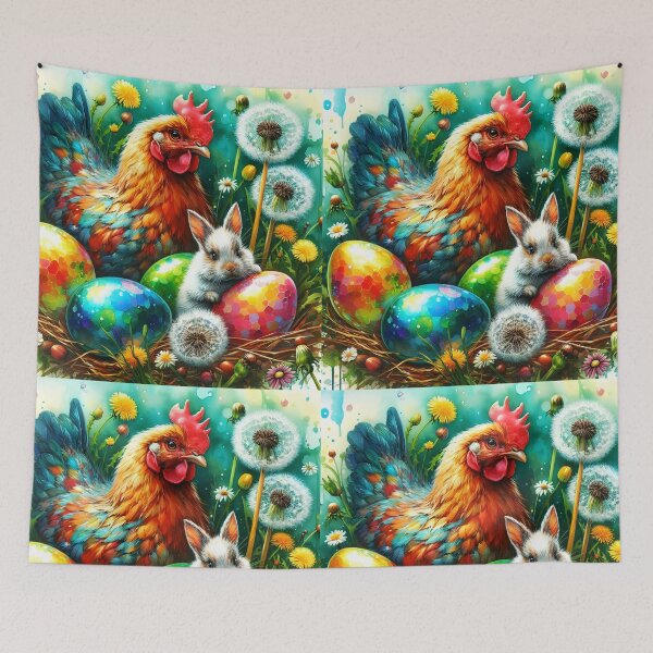 Item preview, Easter nest with a beautiful chicken a vute little bunny and iridescent easter eggs and dandelions around watercolour art designed and sold by EmeraldeaArt.