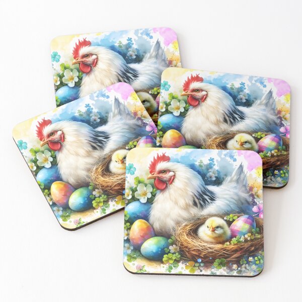 Item preview, Easter nest with white hen and a baby chick with colorful easter eggs blooming clovers around aquarelle art designed and sold by EmeraldeaArt.