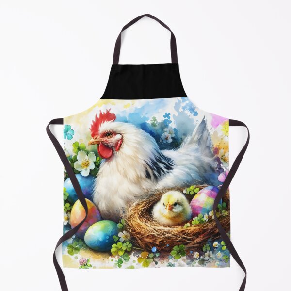 Item preview, Easter nest with white hen and a baby chick with colorful easter eggs blooming clovers around aquarelle art designed and sold by EmeraldeaArt.