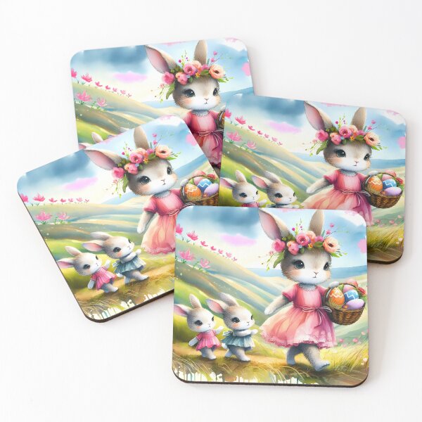 Item preview, Cute Easter Bunny Family walking in hilly landscape with a basket full of easter eggs watercolor childrens book illustration designed and sold by EmeraldeaArt.