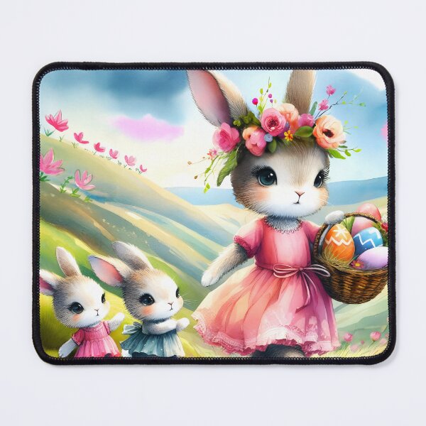 Item preview, Cute Easter Bunny Family walking in hilly landscape with a basket full of easter eggs watercolor childrens book illustration designed and sold by EmeraldeaArt.
