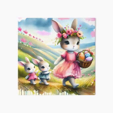 Item preview, Cute Easter Bunny Family walking in hilly landscape with a basket full of easter eggs watercolor childrens book illustration designed and sold by EmeraldeaArt.
