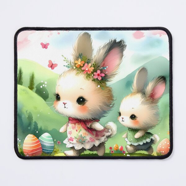 Item preview, Two cute Easter Bunny on Adventure walking on hills easter eggs in grass watercolour designed and sold by EmeraldeaArt.