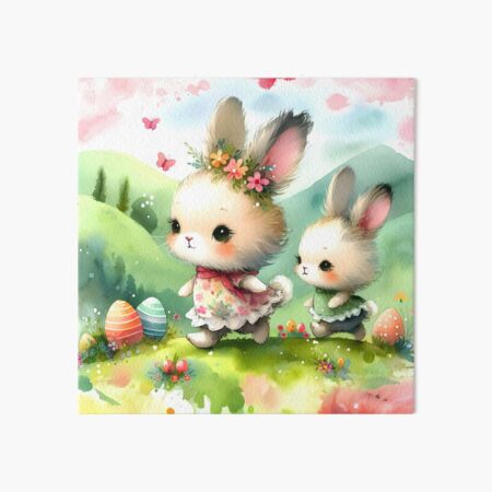 Item preview, Two cute Easter Bunny on Adventure walking on hills easter eggs in grass watercolour designed and sold by EmeraldeaArt.