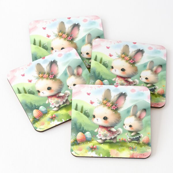 Item preview, Two cute Easter Bunny on Adventure walking on hills easter eggs in grass watercolour designed and sold by EmeraldeaArt.