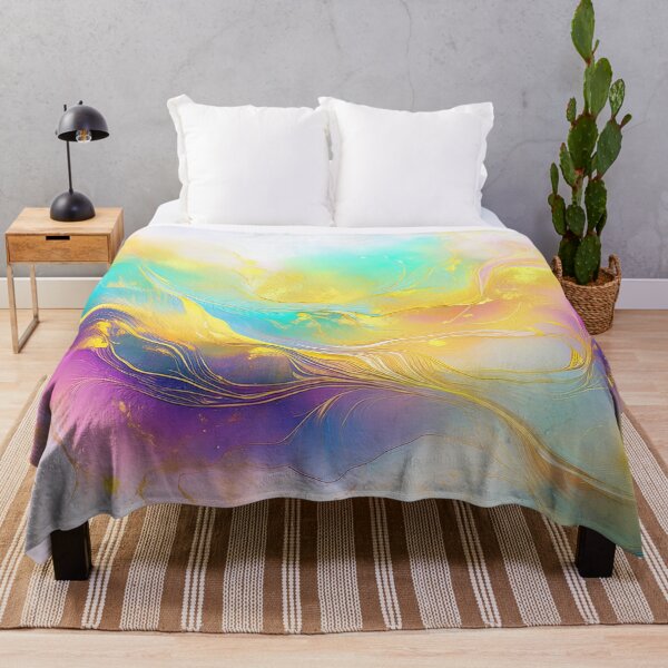 Aperçu de l'œuvre Peinture à l'huile abstraite avec effet texturé doré, design fluide, design arc-en-ciel dans des couleurs pastel vives, touches de peinture à l'huile et coups de pinceau créée et vendue par navitalidesign.