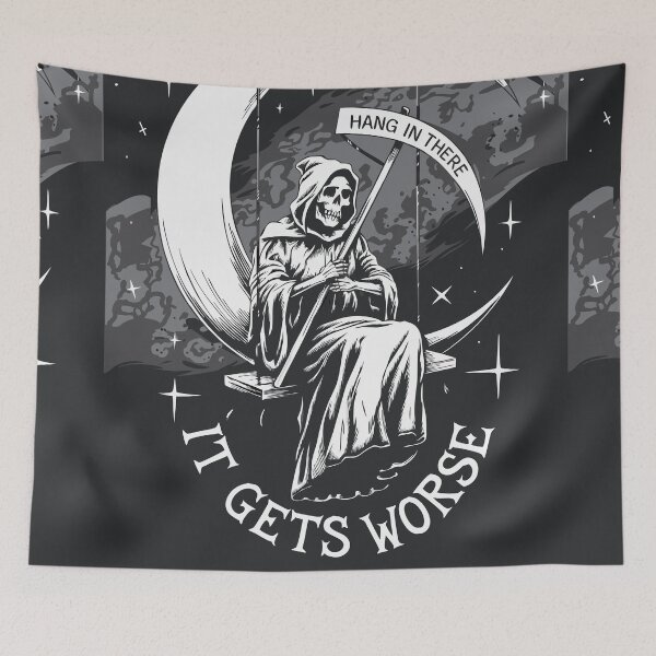 Item preview, Hang in There, It Gets Worse - Sarcastic Grim Reaper on swing designed and sold by pixelated_echoes.
