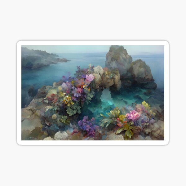 Vista previa del artículo con la obra «Santuario Coral Cove: El abrazo azul de la flora y la piedra», diseñado y vendido por bloorose.