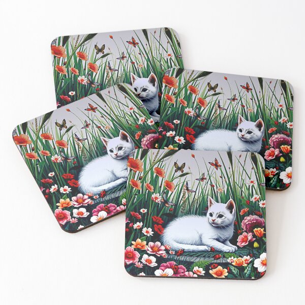 Item preview, Fluffy White Kitten in Flower Garden designed and sold by shaang.