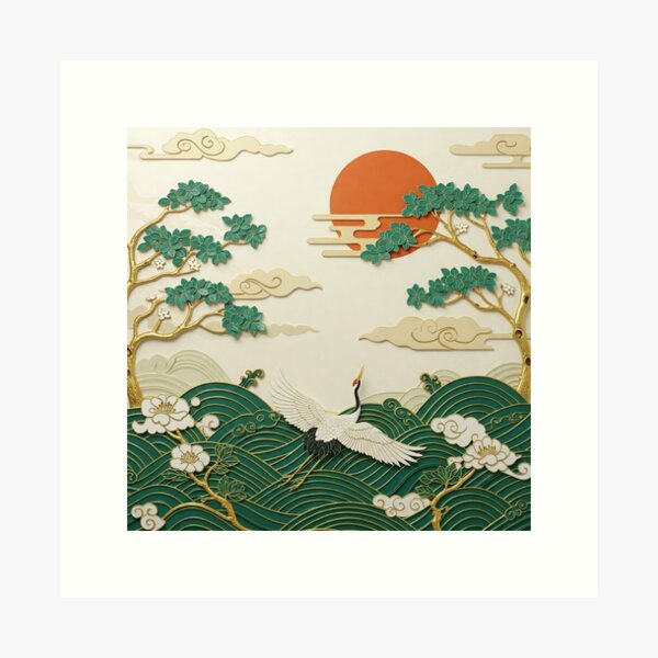 Vista previa del artículo con la obra «Grúa al atardecer: armonía en el arte chino», diseñado y vendido por Ctrl+T.