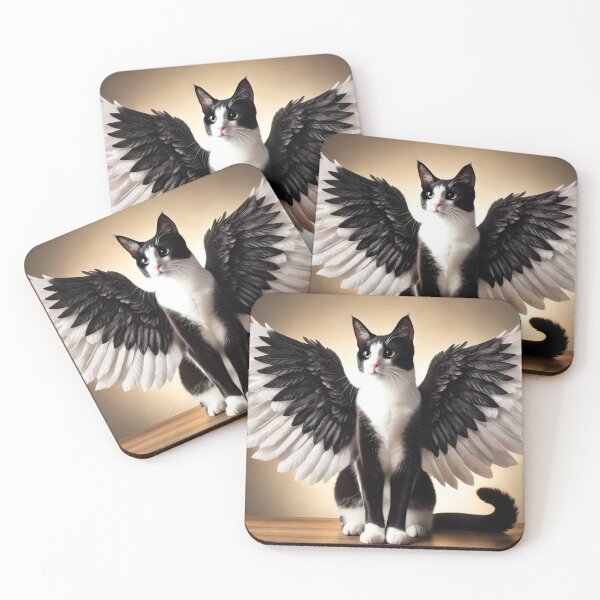 Item preview, Majestic Winged Cat – Black and White Pegasus Fantasy Art Print designed and sold by FantasyHybrids.