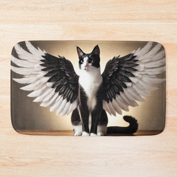 Item preview, Majestic Winged Cat – Black and White Pegasus Fantasy Art Print designed and sold by FantasyHybrids.