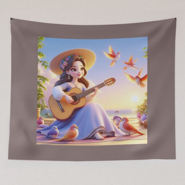Item preview, Fantasy Princess Playing Classical Guitar with Birds in Village designed and sold by choder61.