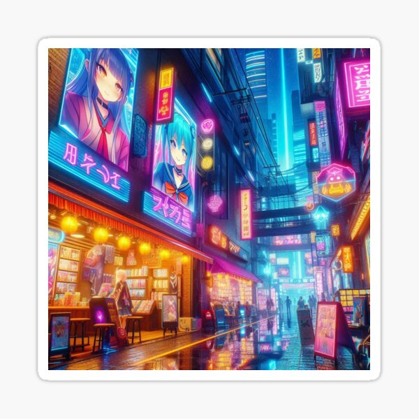 Vista previa del artículo con la obra «Mercado callejero ciberpunk: estética de vida nocturna animada», diseñado y vendido por Marvis-Bills.
