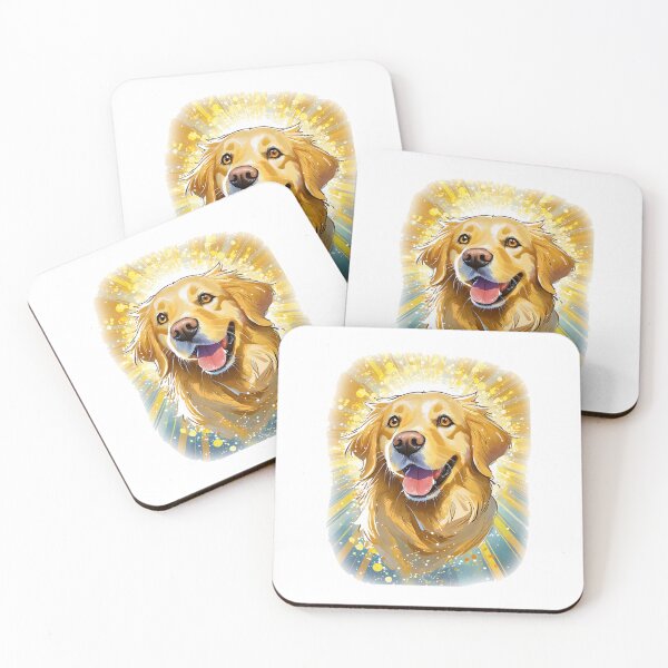 Item preview, smiling golden retriever dog on stripey, retro, gold sparkling background designed and sold by planetgolden.