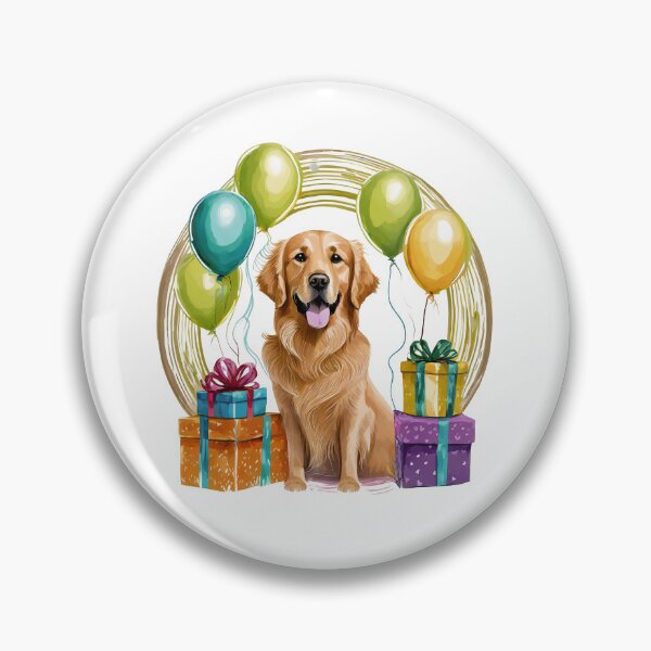 Item preview, smiling golden retriever dog sitting among balloons and wrapped gifts designed and sold by planetgolden.