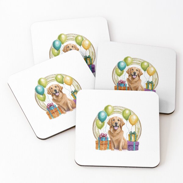 Item preview, smiling golden retriever dog sitting among balloons and wrapped gifts designed and sold by planetgolden.