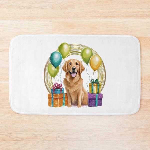 Item preview, smiling golden retriever dog sitting among balloons and wrapped gifts designed and sold by planetgolden.