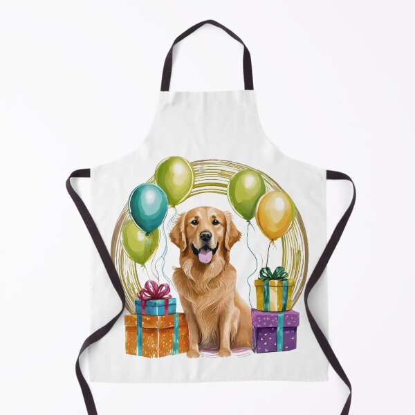 Item preview, smiling golden retriever dog sitting among balloons and wrapped gifts designed and sold by planetgolden.