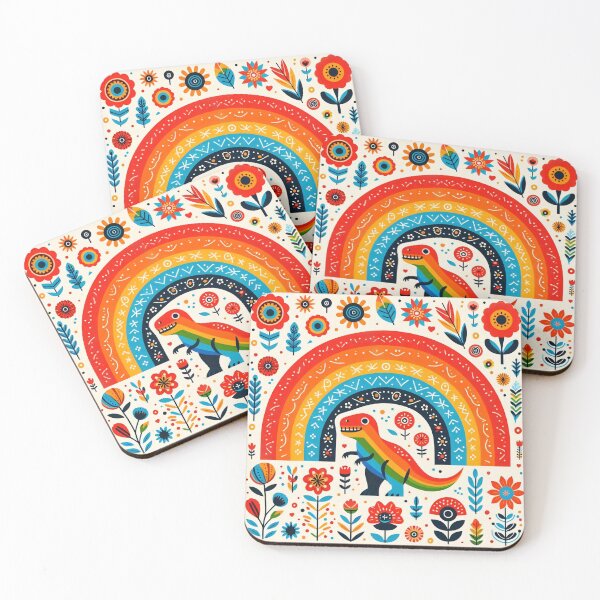 Item preview, Scandinavian Folk Art T-Rex – Rainbow Dinosaur and Wildflowers by heidiannemorris designed and sold by FOLK ART FUSION by heidiannemorris.