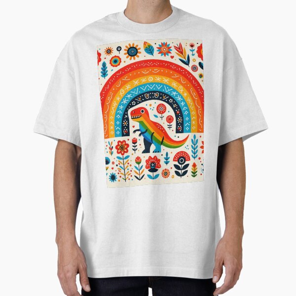 Aperçu de l'œuvre Art populaire scandinave T-Rex – Dinosaure arc-en-ciel et fleurs sauvages par heidiannemorris créée et vendue par FOLK ART FUSION by heidiannemorris.