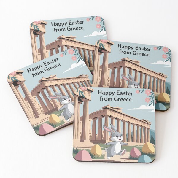 Item preview, Happy Easter - Greece Easter Design – Easter bunny and colorful eggs in front of ancient Parthenon temple designed and sold by pod24.