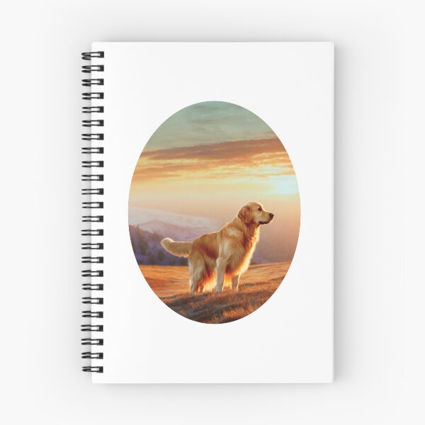Item preview, golden retriever standing looking serious against a sunset mountain background designed and sold by planetgolden.