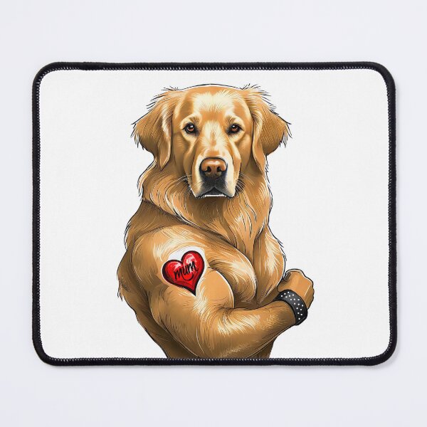 Item preview, tough muscular golden retriever with studded wrist band and red mum love heart flexing bicep designed and sold by planetgolden.