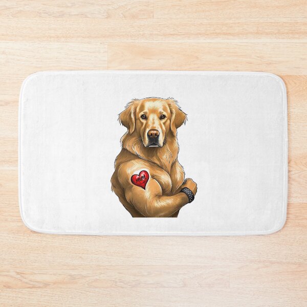 Item preview, tough muscular golden retriever with studded wrist band and red mum love heart flexing bicep designed and sold by planetgolden.