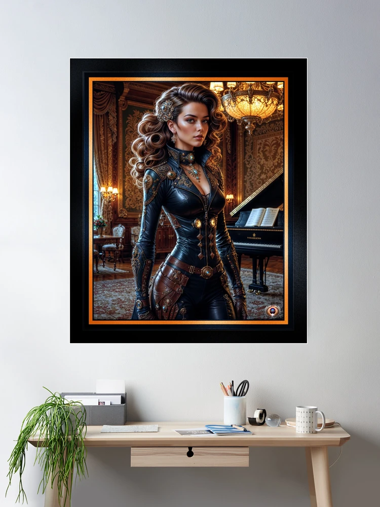 Evangeline Vaillant, A Vision of Elegance In Gold-Embellished Leather Alluring AI Concept Art by Xzendor7 Wall Decor Poster Art Print
