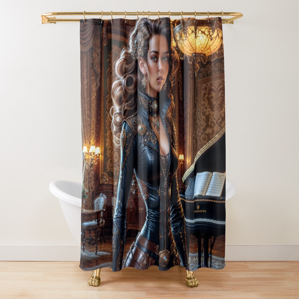 Evangeline Vaillant, A Vision of Elegance In Gold-Embellished Leather Alluring AI Concept Art by Xzendor7 Decorative Art Print Shower Curtain