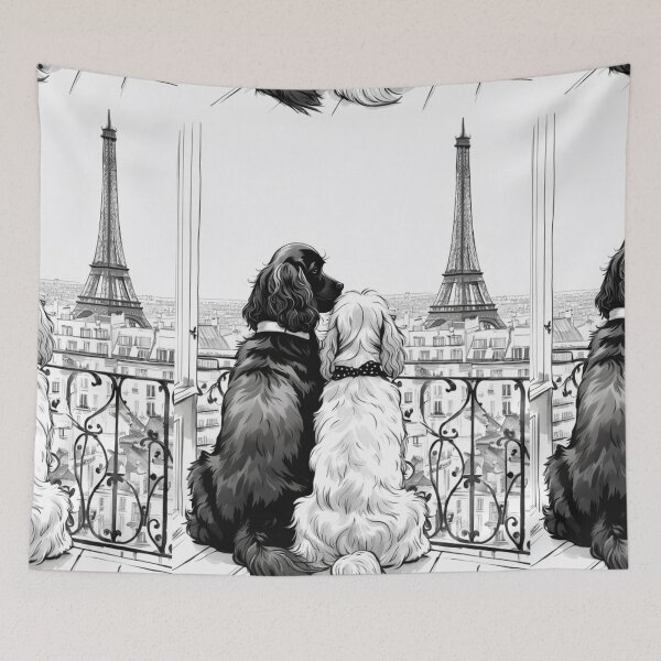 Item preview, Two Easter cocker spaniel dog watching Paris Eiffel tower,  Easter dog wallpaper, easter dog picture, designed and sold by Coolparrotgirl.