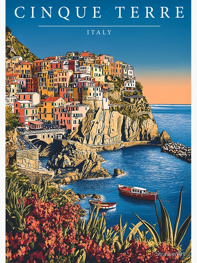 Thumbnail 3 of 3, Sticker, Cinque Terre Italy Travel Poster - Vintage Coastal Village Art Print designed and sold by StrasserArt.