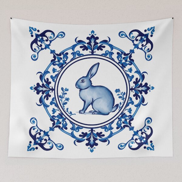 Item preview, Blue Delftware Rabbit – Ornate Floral Easter Day designed and sold by svarupa.