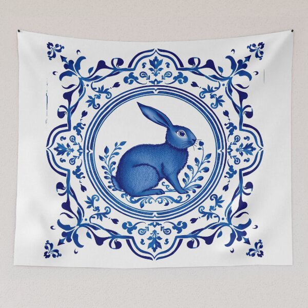 Item preview, Blue Delftware Rabbit – Ornate Floral Easter Day designed and sold by svarupa.